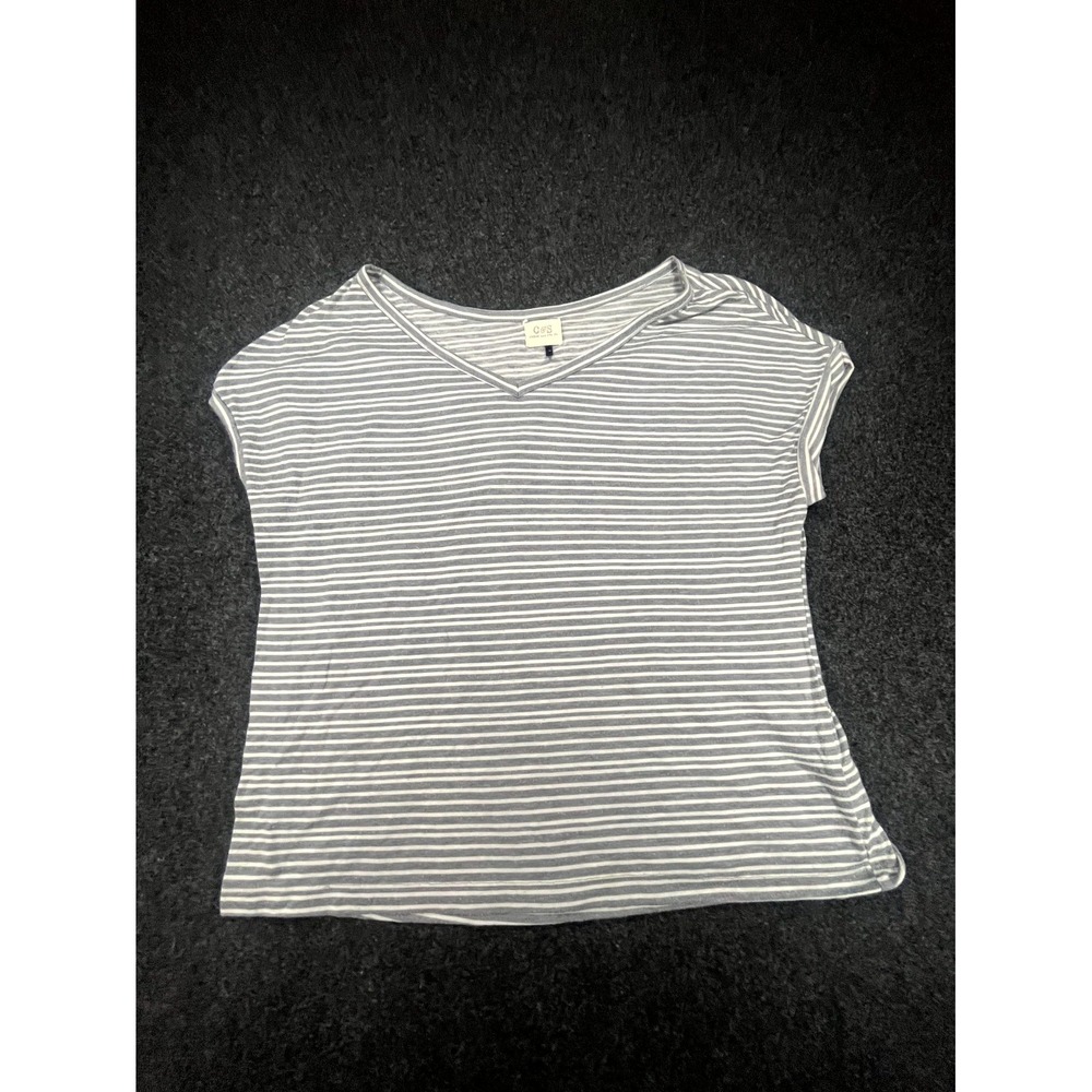 Check & Stripe T Shirt Women Small Gray White Striped V Neck Pullover Sleeveless